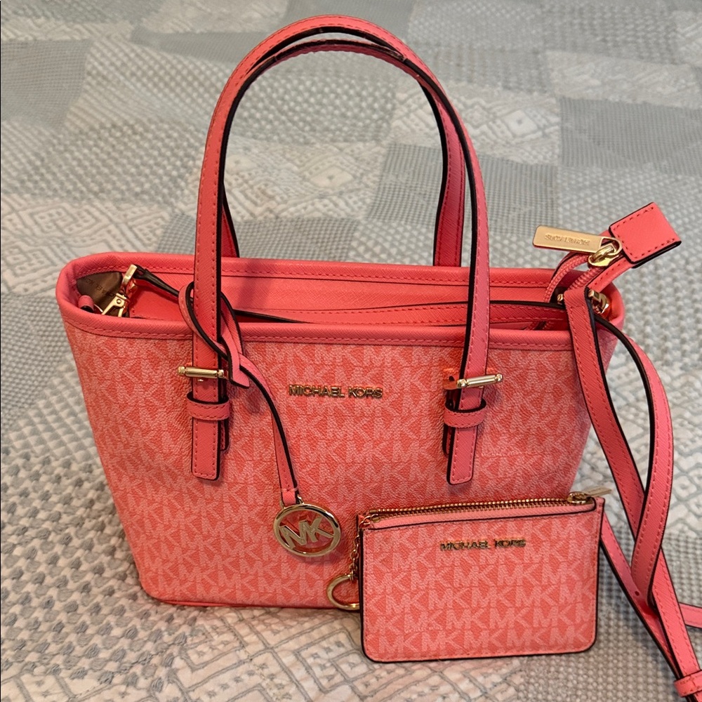 Michael Kors jet set travel, extra small tote with matching card holder wallet.